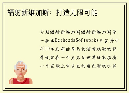 辐射新维加斯：打造无限可能